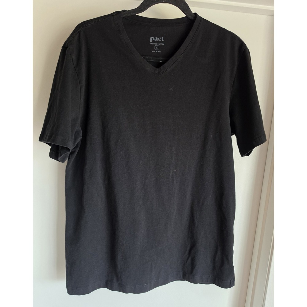 Pact Men's V-Neck T-Shirt Size L Black Solid Short Sleeve Organic Cotton Tee